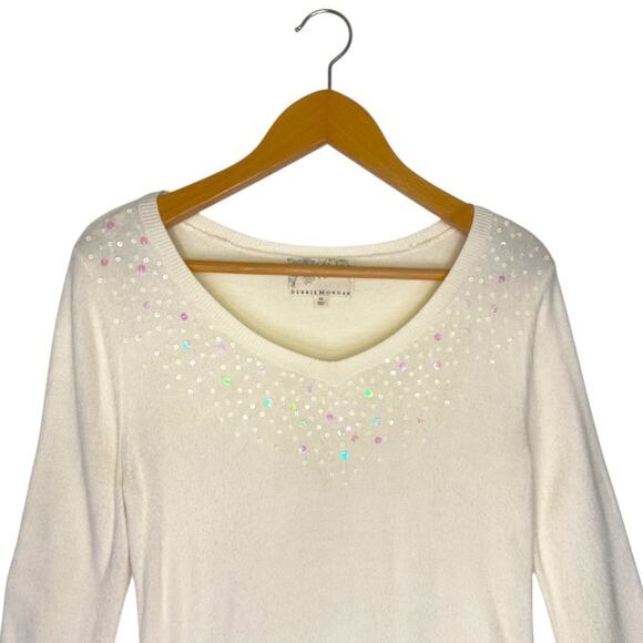 Debbie Morgan Women's Sequin V-Neck Sweater Size M Cream Winter Long Sleeve - Picture 2 of 10